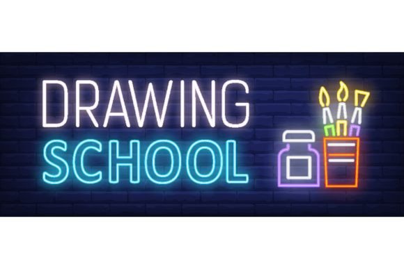 Drawing School Neon Text with Brushes Se